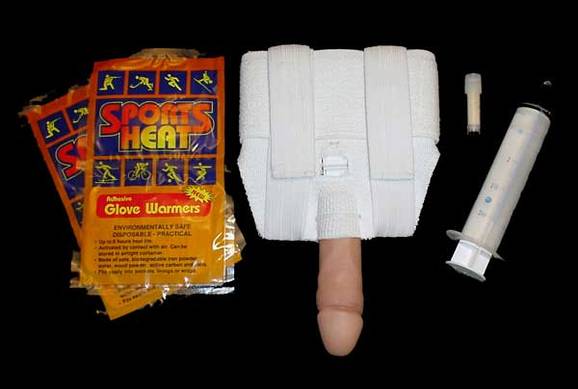 The Whizzinator comes in a package together with synthetic urine and a urine heater.