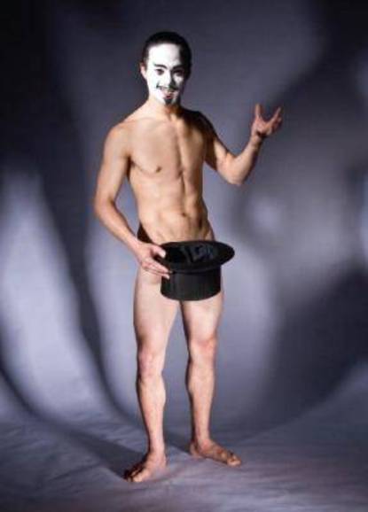 A naked clown with a top hat... You don't see that every day.